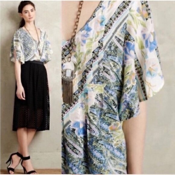 Anthropologie Maeve Maya Floral Flutter Sleeve Blouse Button Shoulder Size 6 - Picture 2 of 14